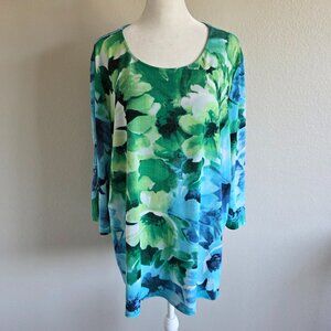 Susan Graver Liquid Knit Plus 1X Tunic Watercolor Floral Blue Green Lightweight